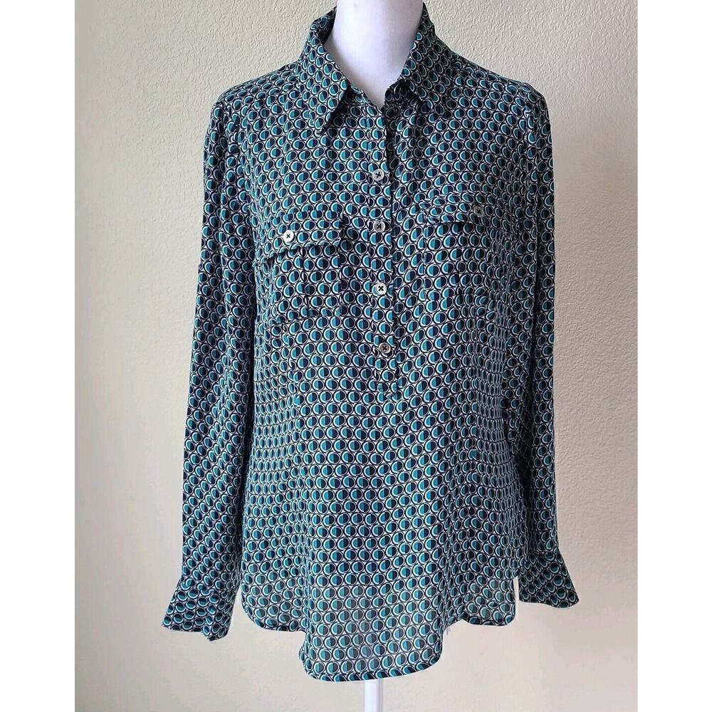 WHBM Silk Popover‎ Blouse Shirt 8P Petite Academia Preppy Roll Tab Sleeve Office
